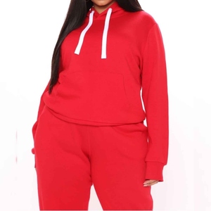 Women Plus Size Red Hooded Tracksuit Set Solid Color Cotton Casual Sweatshirt Pants Full Sleeve Loose Fit Autumn Wear - Product Image 4