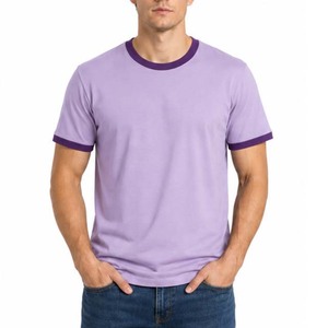 T-shirt violet à col rond pour homme, coupe classique, en jersey de coton, couleur unie, avec bordure contrastante - Product Image 3