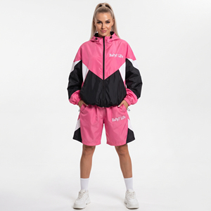 Ensemble de survêtement pour femmes, rose, noir, blanc, couleur contrastée, à capuche, fermeture éclair, coupe-vent, short, léger, sportif, décontracté, deux pièces - Product Image 2