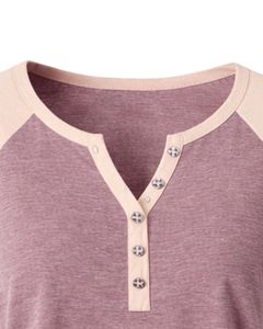 T-shirt pour femme en coton doux, couleur beige rose poudré, manches courtes, col Henley, coupe raglan, décontracté, respirant, confortable, idéal pour l'été et le quotidien - Product Image 6