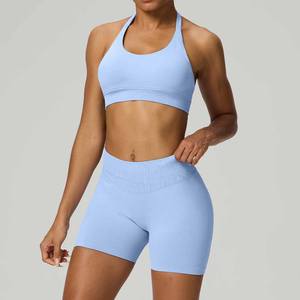 Women's ActiveWear Gym Sets Custom Logo Fitness Clothing Lightweight Seamless Yoga <b>Bra</b> Shorts Elastic Waist Closure Crew Neck - Product Image 3
