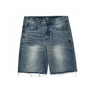 Shorts en jean personnalisés pour hommes, fabriqués en usine OEM, respirants, vintage, coupe droite, avec patch brodé, taille mi-haute, bleu délavé pour l'été - Product Image 4