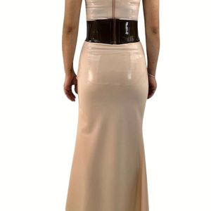 Strapless PU Leather Bodycon <b>Maxi</b> <b>Dress</b> <b>With</b> Asymmetrical Hem And Belt Detail For Party Wear - Product Image 6