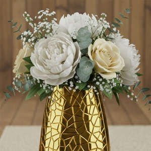 Florero de Metal Dorado Radiante Lleno de un Hermoso Ramo Floral Blanco, Pieza Decorativa Elegante y Moderna para el Hogar y Bodas - Product Image 4