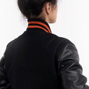 Unisex <b>Black</b> Varsity <b>Jacket</b> PU Leather Sleeves Orange Trim Turn-down Collar Casual Autumn Wear - Product Image 6