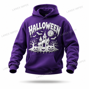 Sweat-shirt à capuche graphique personnalisé pour homme, violet, avec impression 3D de maison hantée, citrouille, chauve-souris et lune - Product Image 2