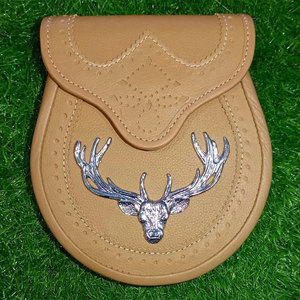 Custom Handmade Real Tan Leather <b>Brogue</b> Style Staghead Premiume Scottish <b>Kilt</b> Sporran Factory Supplies - Product Image 1