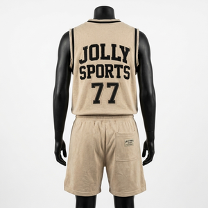 Premium Breathable Polyester Mesh Short <b>Set</b> Beige Sand Rib Stripe V Neck Collar Shorts Panel Custom Logo short <b>set</b> for men's - Product Image 2