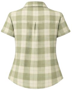 Olive Green And Cream Plaid Womens Short Sleeve Button Up Shirt Casual Summer Lightweight Breathable <b>Checkered</b> <b>Top</b> With Pocket - Product Image 3