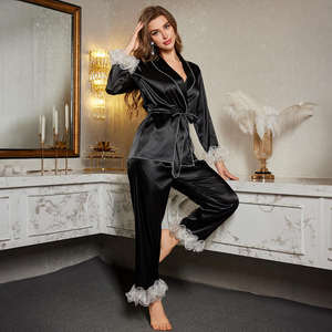 Conjunto de pijama y bata de satén para mujer, tres piezas, ropa de dormir de lujo con ribete de encaje - Product Image 6