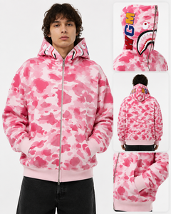 Sudadera con capucha de camuflaje rosa para hombre, con cremallera completa, estilo urbano personalizado, corte oversize, con parche bordado, diseño de cuello alto, tejido grueso - Product Image 2