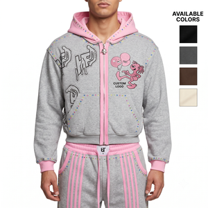 Premium OEM Custom Logo Men's Hoodie Sweatpants Set 400 GSM Heavyweight Cotton <b>Cartoon</b> Print Cropped Zip Hoodie Baggy Sweatpants - Product Image 1