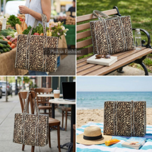 Grand sac fourre-tout matelassé en coton à imprimé léopard pour femme, réutilisable, sac de plage, sac de voyage écologique, grande capacité, été - Product Image 2