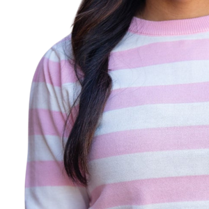 Pull brodé personnalisé pour femme, rayé rose et blanc, avec motif de crête verte, col rond, manches trois quarts, haut décontracté et tendance - Product Image 4