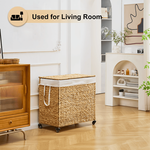 Cesto para Ropa Sucia de 160L, 3 Secciones, Tejido con Jacinto de Agua Natural, con Tapa y Ruedas, Diseño Rodante para Mayor Comodidad - Product Image 6