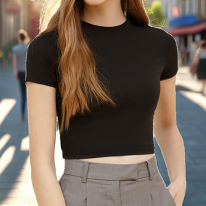 <b>Women's</b> <b>Black</b> <b>Cropped</b> T-Shirt V-Neck Short Sleeve Regular Fit Breathable Knitted Solid Casual Summer <b>Top</b> - Product Image 5