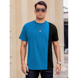 T <b>Shirt</b> Bright Blue Black Vertical Half Split Colorblock Short Sleeve Casual Crew Neck Top - Product Image 2