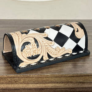 Rustic Western Style Genuine Leather <b>Pen</b> <b>Organizer</b> Hand Carved Floral and Diamond Checker Pattern <b>Pen</b> Holder for Corporate Gifts - Product Image 2