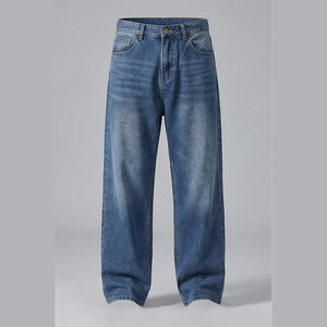 Jean en denim délavé coupe droite taille haute pour homme, coupe ample en coton, style décontracté automne - Product Image 1