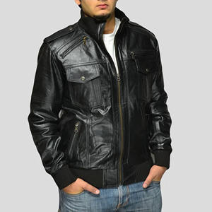 Blouson Bomber Homme Personnalisé en Cuir Véritable Noir, Coupe Slim, Multi-Poches, en Peau de Mouton Souple, Style Décontracté Streetwear - Product Image 2