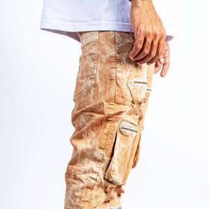 <b>Men's</b> Distressed Cargo Pants With Zipper Pockets Street Style Elastic Waist Midweight Canvas Trousers Autumn Wear - Product Image 5
