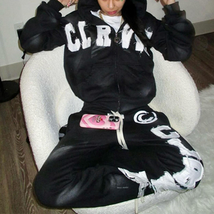 Women's Custom Zip Up Acid Wash Tracksuit Distressed Applique <b>Embroidery</b> Hoodie Flared Sweatpants 2 Piece <b>Set</b> - Product Image 5