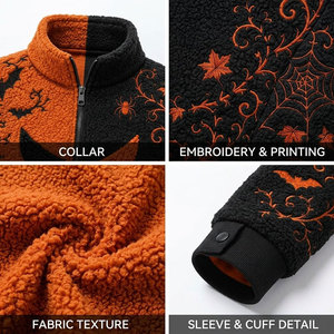 Men's Reversible Fleece Jacket Halloween Pumpkin Bat Print Zipper Stand Collar Autumn Warm <b>Sherpa</b> <b>Lined</b> Casual Coat - Product Image 6