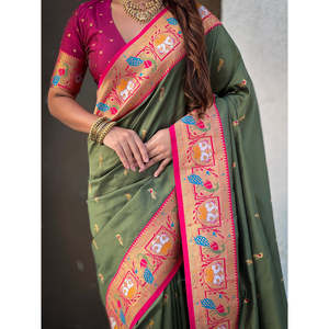 Sari Paithani de Seda Suave Verde Mehandi de Elite Weaves, Ropa India y Pakistaní, 650g - Product Image 2