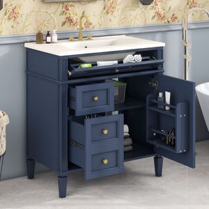 Modern 30\" <b>Bathroom</b> <b>Vanity</b> with Top Sink Single Sink <b>Bathroom</b> Van & 2 Drawers Stylish 2-Paneled Storage Cabinet Tip-Open Drawer - Product Image 3