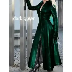 Veste longue en cuir cyberpunk pour femme, style motard, décontractée, ample, boutonnée, couleur unie, col à revers, grande taille, bleu marine B - Product Image 5