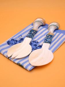 Cuchara artesanal con incrustaciones de concha azul y nácar, herramienta grande para servir ensalada, vajilla natural ecológica. - Product Image 2