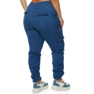 Plus Size Women's High Waist Blue Cargo <b>Jeans</b> Ankle-Length Loose Fit Casual Style With Pockets <b>Button</b> <b>Fly</b> Spandex Cotton - Product Image 4