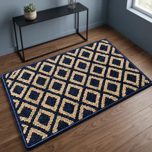 Paillasson élégant et lavable en tissu bleu et beige à motif losanges géométriques pour la décoration d'entrée de maison moderne - Product Image 6