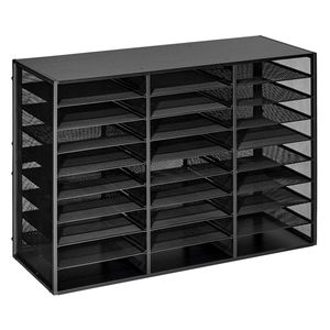 Organizzatore da scrivania in metallo a 27 scomparti con cassetto rimovibile in rete metallica e piano in legno per documenti - Product Image 1