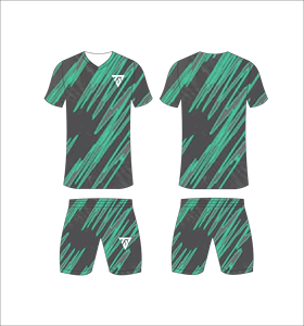 ชุดยูนิฟอร์มฟุตบอลแบบซับลิเมชั่นสำหรับผู้ชาย พร้อมเสื้อพิมพ์ลายเส้นแปรงแบบนามธรรมสีเทาเข้มและสีเขียวสะท้อนแสง และกางเกงขาสั้นเข้าชุด - Product Image 4