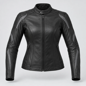 Chaqueta de Motocicleta de Cuero Negra para Mujer, Resistente al Viento, con Protección UV y Transpirable, Cierre Completo y Cuello Alto - Product Image 1