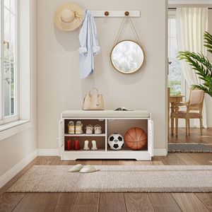 28.74\" White Entryway Shoe <b>Storage</b> Bench with 2 Door Cabinet and Adjustable Shelf <b>Cushioned</b> Shoe Rack - Product Image 2