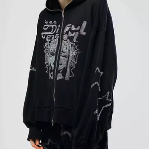 Sudadera con capucha con cremallera para hombre y mujer, con diseño de chica anime y estrellas, con pedrería, estilo Cyber-Y2K 2026, negra, oversize, con gráfico de telaraña brillante HD - Product Image 3