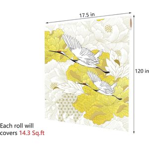 Papel Tapiz Vintage con Diseño Floral y de Aves, 17.5x120 Pulgadas, Papel Tapiz Autoadhesivo Traditi Crane en Blanco y Amarillo para Baño y Dormitorio - Product Image 1