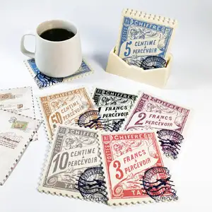 6PCS邮政纪念品家居装饰新奇邮票饮料杯垫套装带信封架