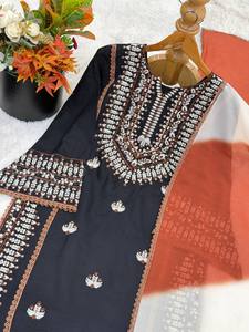 Elegant <b>Black</b> Embroidered Rayon Cotton Kurti Set with Farshi <b>Pant</b> & Georgette Dupatta – Fully Stitched Ready to Wear - Product Image 5