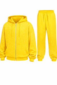 Ensemble de survêtement pour homme, hiver, jaune uni, avec strass, sweat à capuche zippé, pantalon de jogging, style streetwear scintillant, vêtements de sport décontractés, tenue de gym - Product Image 2