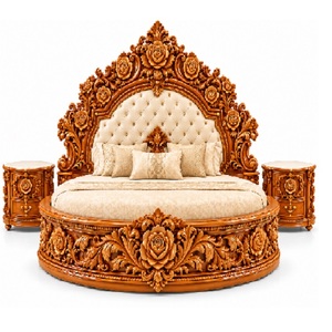 Cama Redonda de Madera de Teca de Estilo Rococó de Lujo, Muebles de Dormitorio Redondos de Madera Tallada a Mano de Estilo Victoriano para Hogares en EE. UU., Camas de Madera en Oferta - Product Image 1