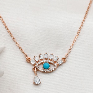 Collar Colgante de Plata de Ley 925 Bañado en Oro Rosa con Circonitas Baguette y Turquesa Ojo Turco, Venta al por Mayor, Memoria Jewels - Product Image 1