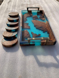 LAPTOP SQUARE WOOD <b>EPOXY</b> RESIN TRAY Fabulous Decorative Design for Serving Food in Kitchen Restaurants Home Use - Product Image 3