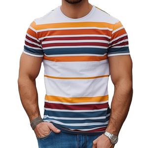 Camiseta de Manga Corta con Cuello Redondo y Rayas para Hombre, Corte Regular, Informal, de Algodón Tejido Transpirable de 320 g, Diseño Estampado, Patrón Multicolor - Product Image 1