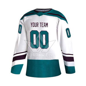 Maillot de hockey sur glace personnalisé par sublimation pour votre équipe, blanc et violet, manches longues, anti-humidité, col ras du cou, unisexe adulte - Product Image 2