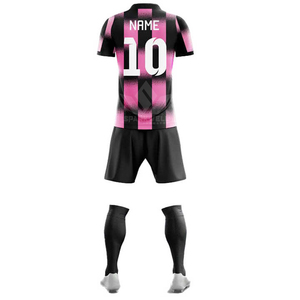 Ensemble de maillots de football personnalisés rose et noir rayés, sublimés, 100 % polyester, col rond, manches courtes, uniforme d'équipe adulte, imprimé sur le devant - Product Image 2