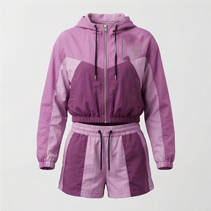 <b>Women's</b> Color Blocked Hooded Sporty 2 Piece Shorts <b>Set</b> Full Sleeve Breathable Polyester Above Knee Regular Fit Spring Summer - Product Image 1