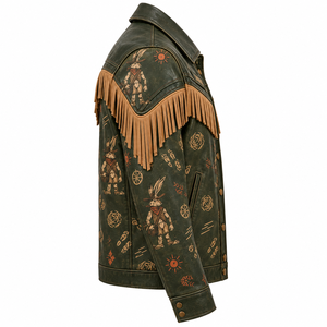 Chaqueta de Cuero Personalizada para Hombre, Estilo Biker Occidental con Flecos, Piel Genuina de Vacuno Verde Oliva, Fabricante de Ropa Exterior al por Mayor OEM ODM - Product Image 3
